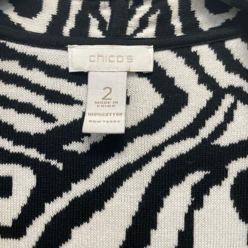 Chico's Women's 2 Black White Animal Print Open Front‎ Sleeveless Knit Cardigan - Picture 2 of 3